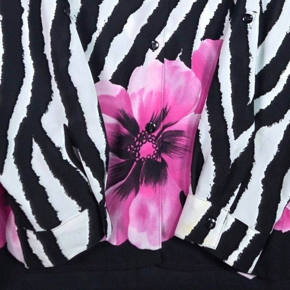 Sag Harbor Button Down Shirt Womens 14 Black White Zebra Pink Floral S53520 - Picture 4 of 7